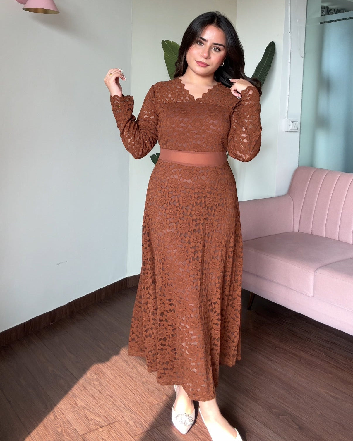Lacy Cut Out Full Sleeves Midi Dress
