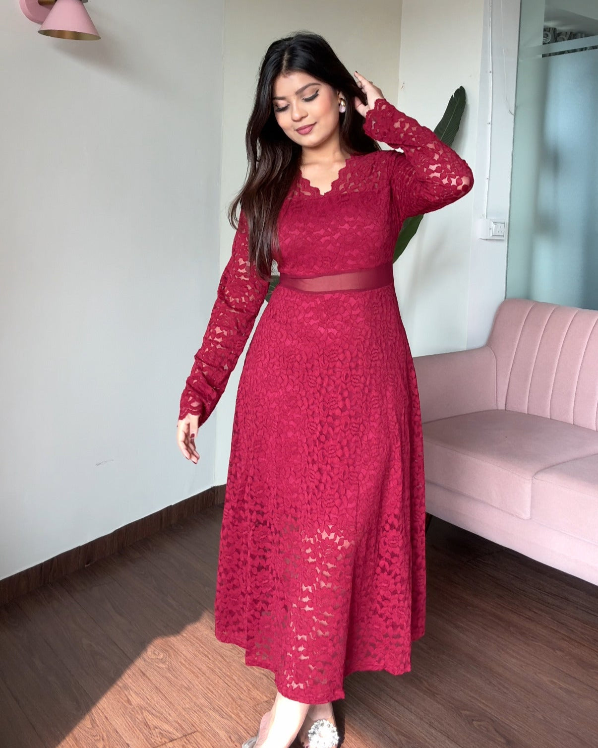 Lacy Cut Out Full Sleeves Midi Dress