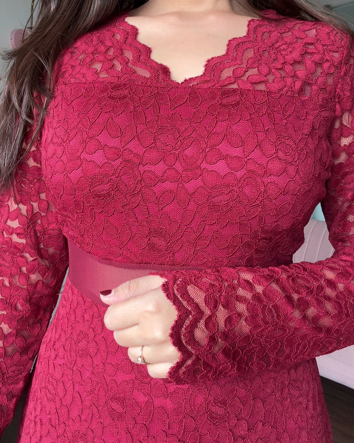 Lacy Cut Out Full Sleeves Midi Dress