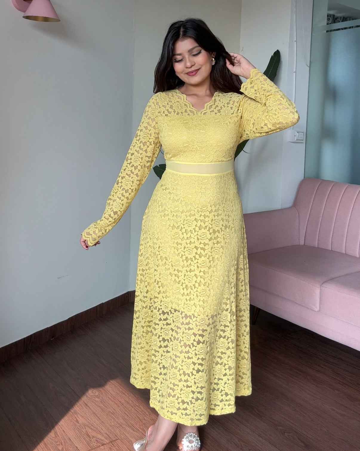 Lacy Cut Out Full Sleeves Midi Dress