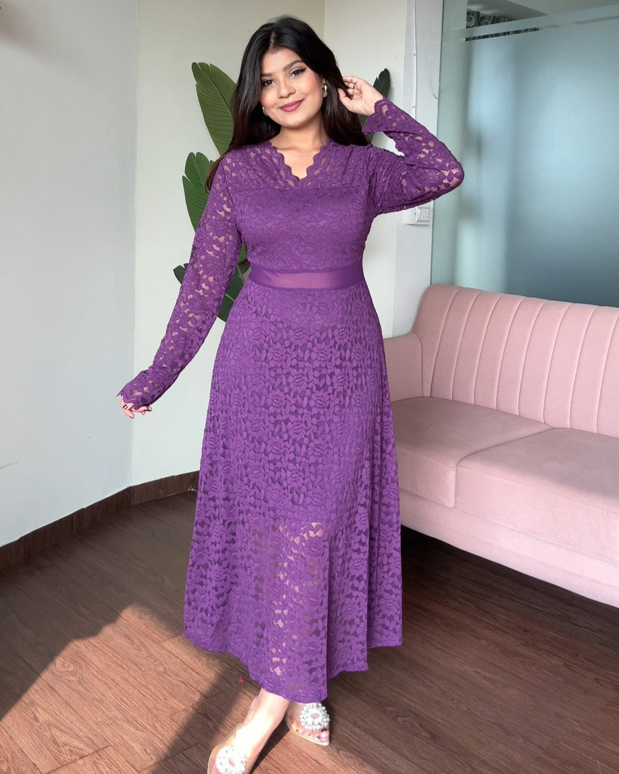 Lacy Cut Out Full Sleeves Midi Dress