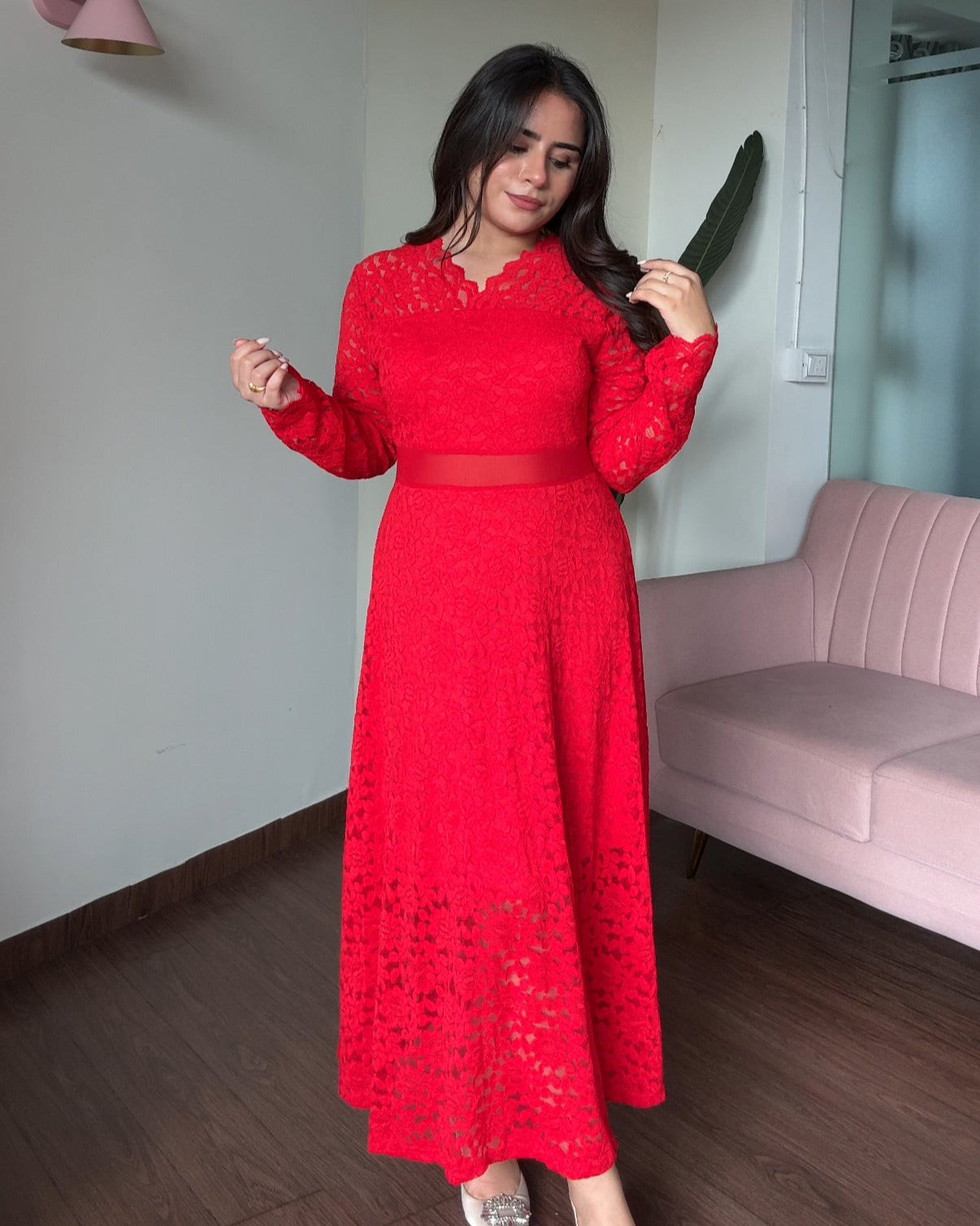 Lacy Cut Out Full Sleeves Midi Dress
