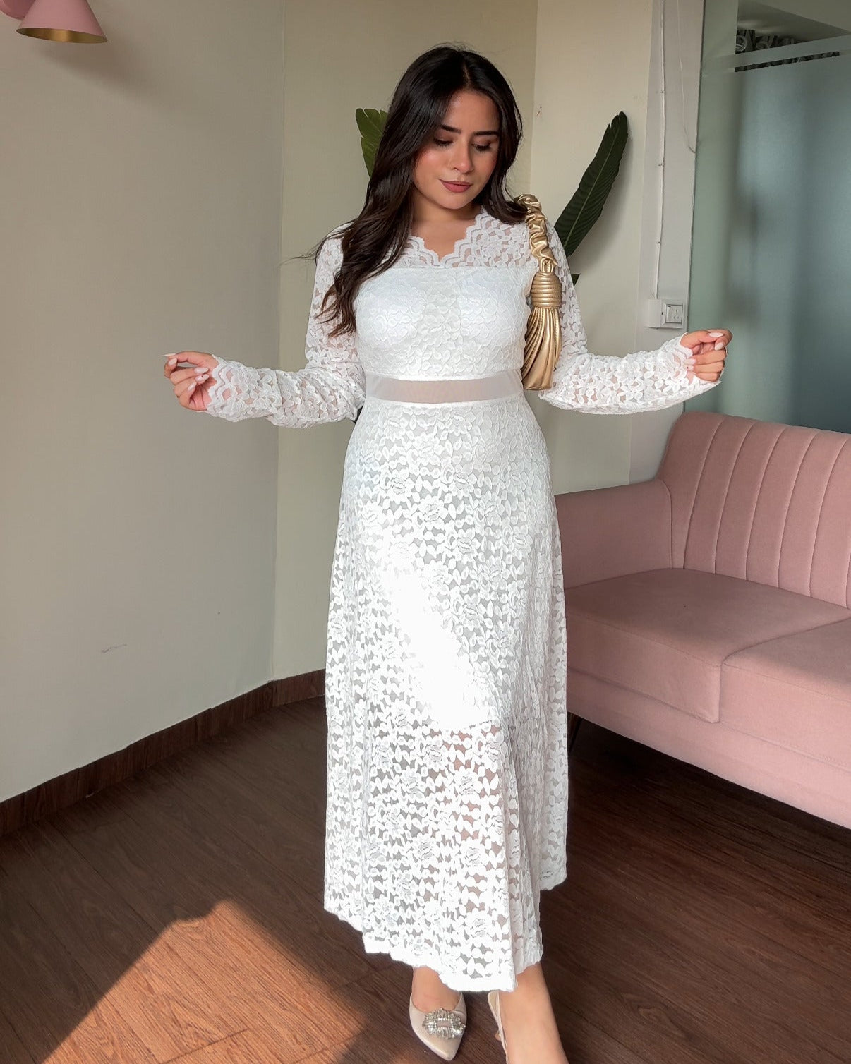 Lacy Cut Out Full Sleeves Midi Dress