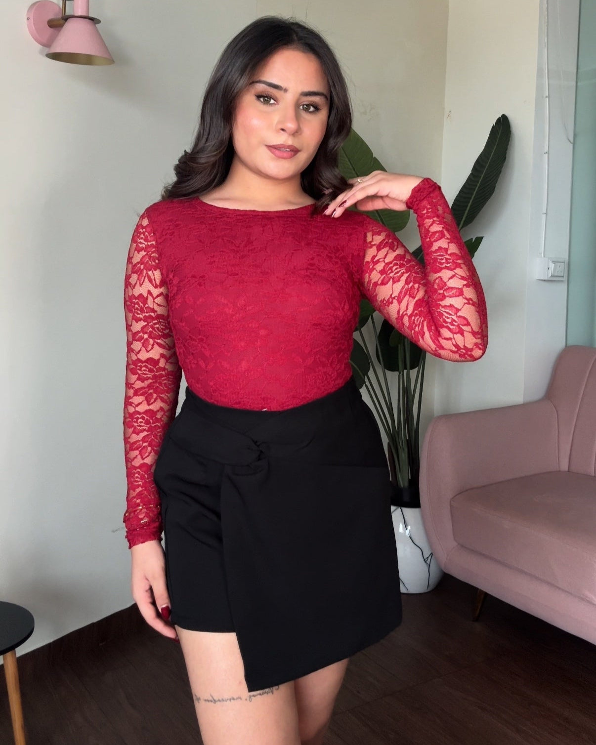 Lacy Full Sleeve Round Neck Bodysuit