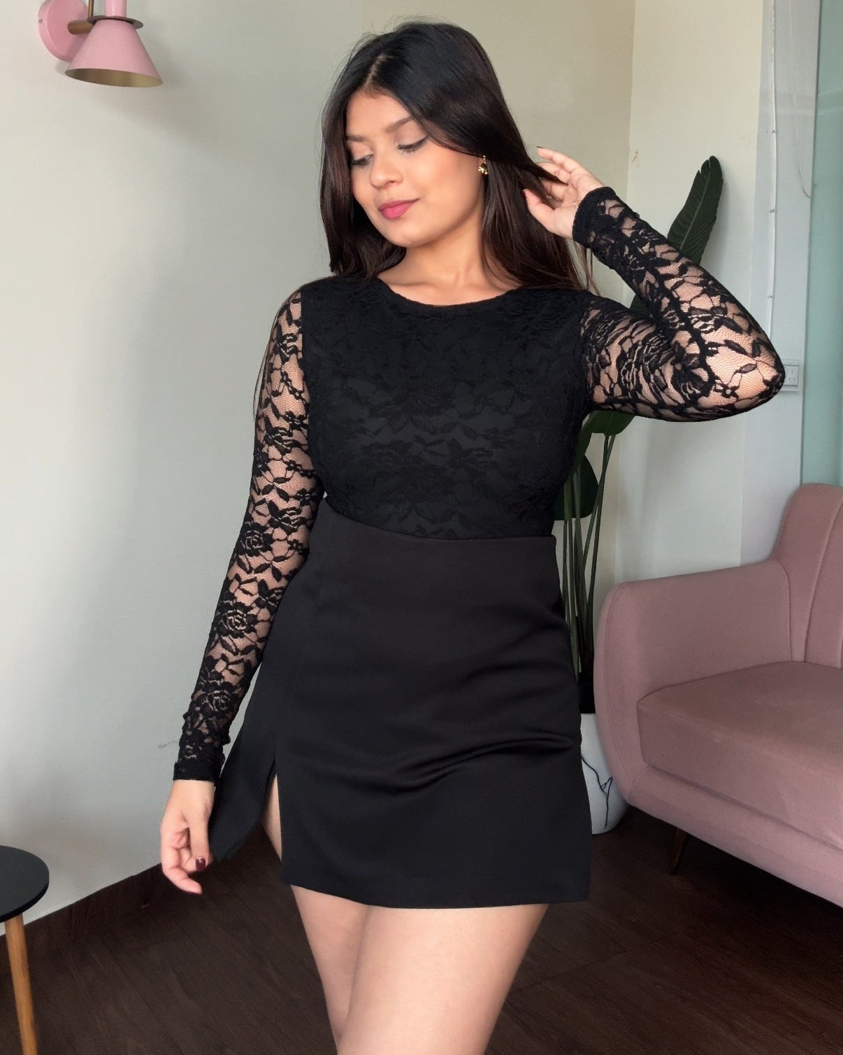 Lacy Full Sleeve Round Neck Bodysuit
