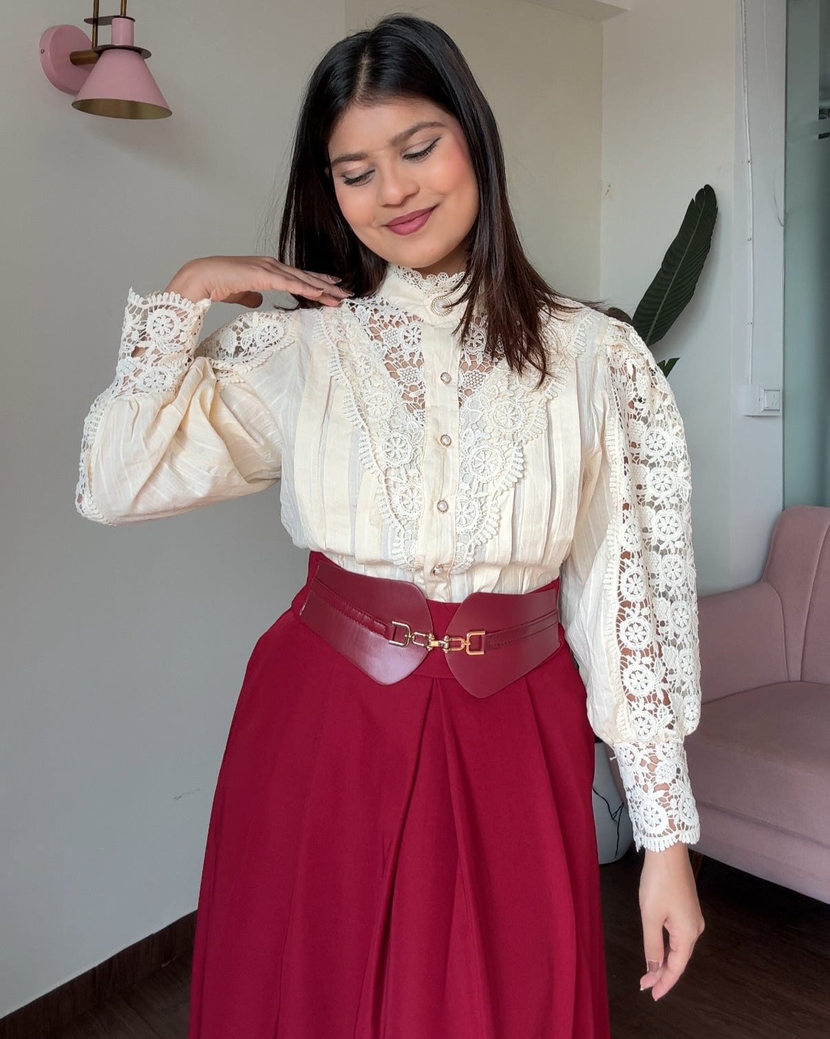 Lacy High Neck Button-Up Blouse