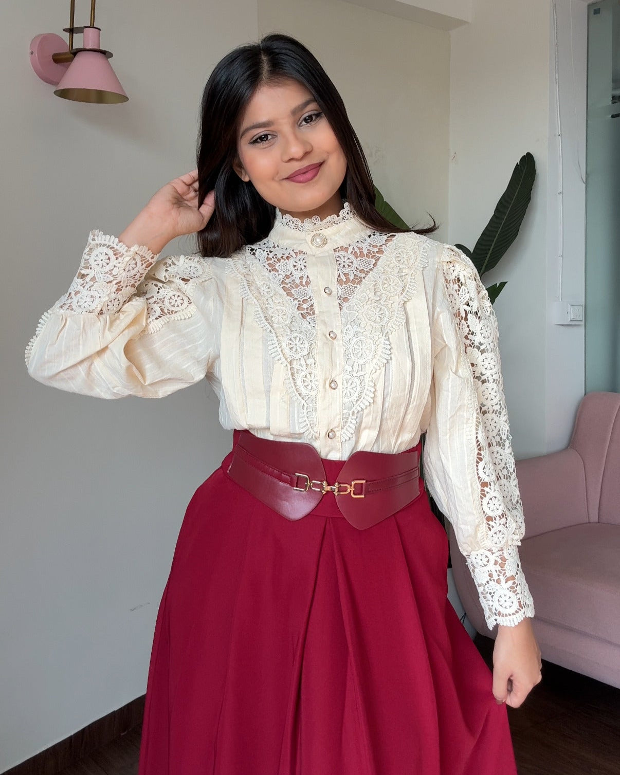Lacy High Neck Button-Up Blouse