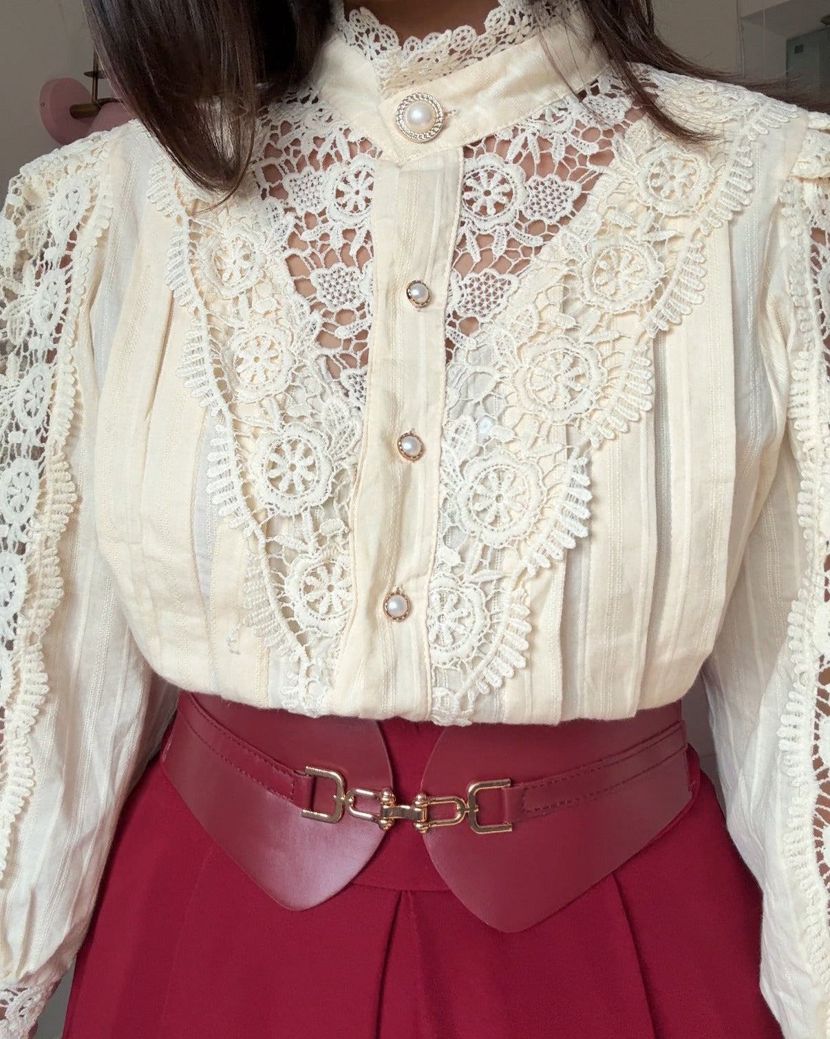 Lacy High Neck Button-Up Blouse