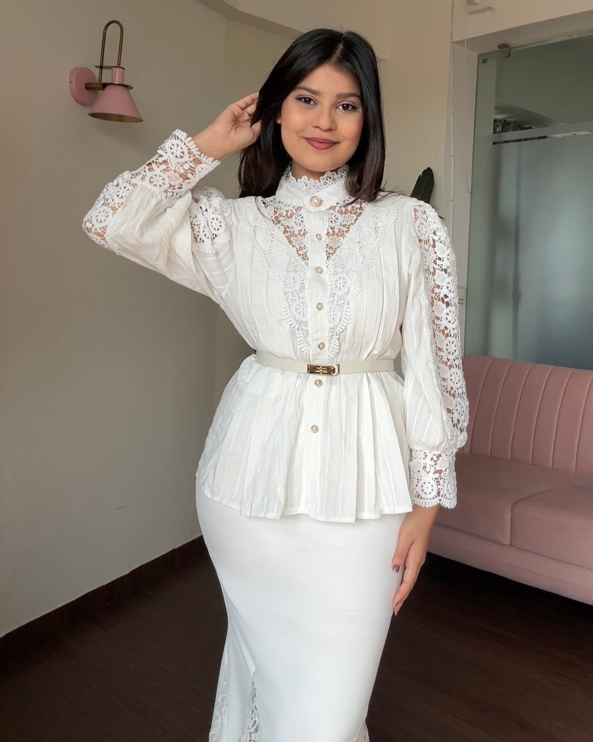 Lacy High Neck Button-Up Blouse