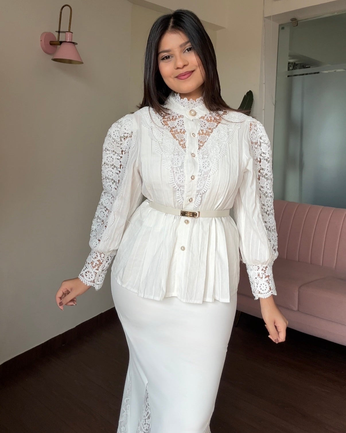 Lacy High Neck Button-Up Blouse