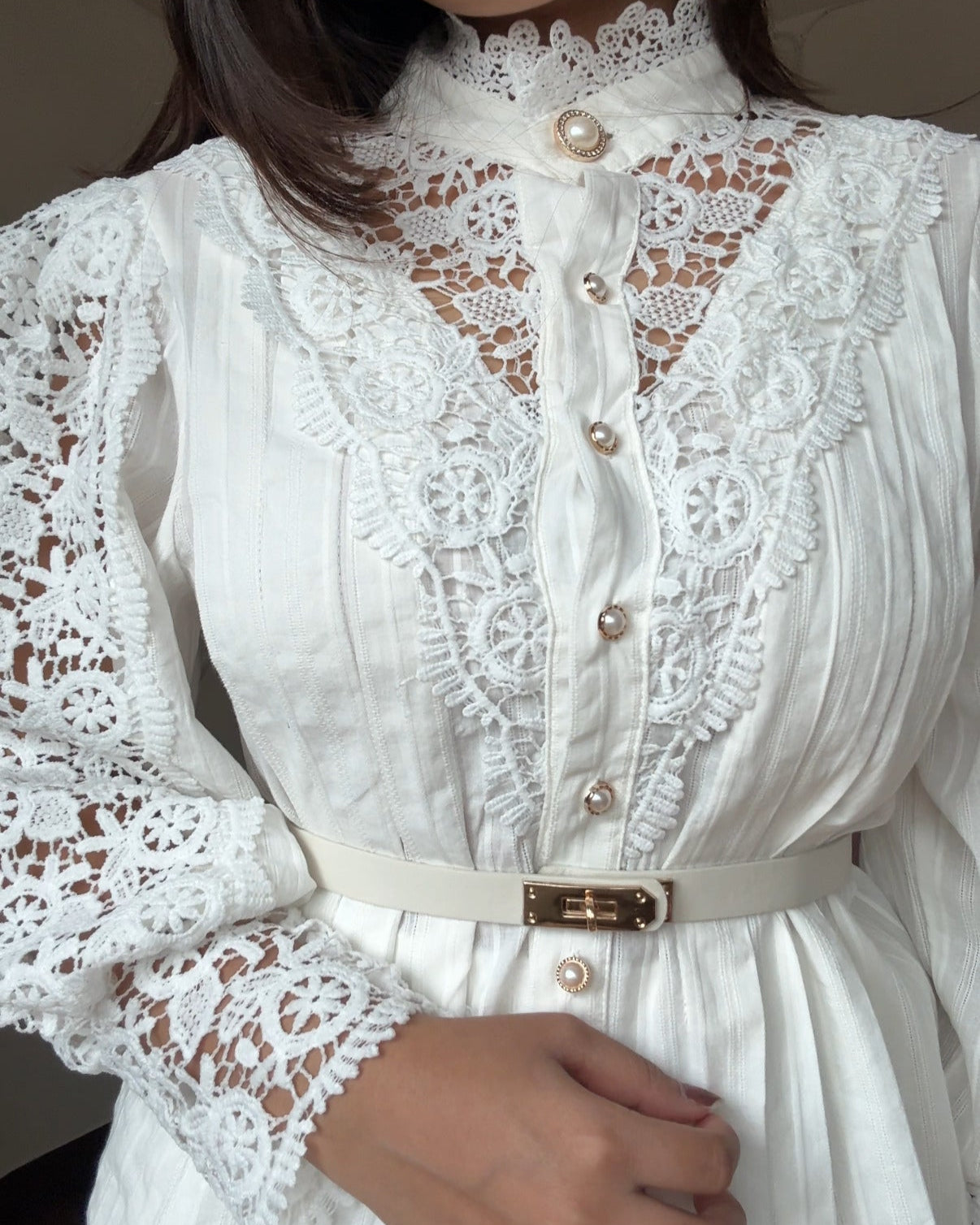 Lacy High Neck Button-Up Blouse