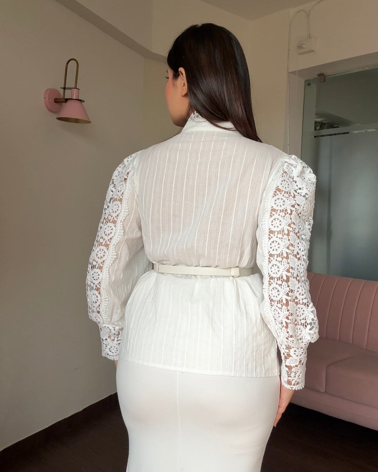 Lacy High Neck Button-Up Blouse