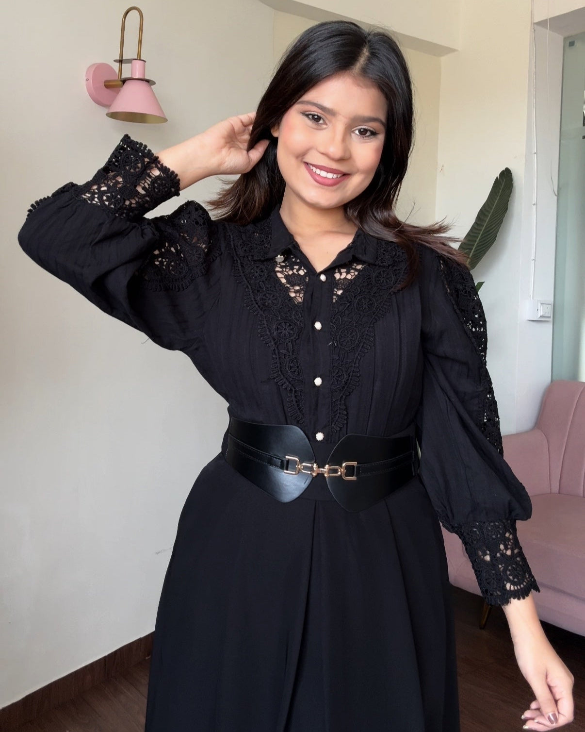 Lacy High Neck Button-Up Blouse