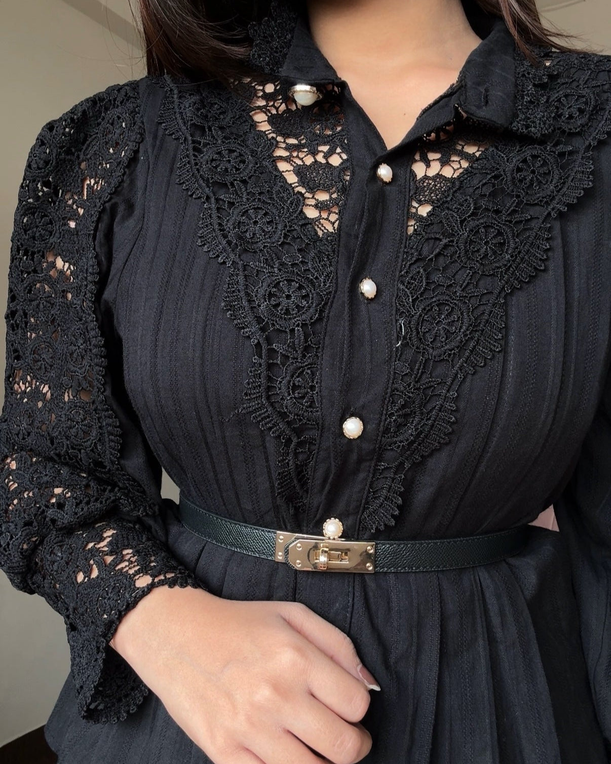 Lacy High Neck Button-Up Blouse