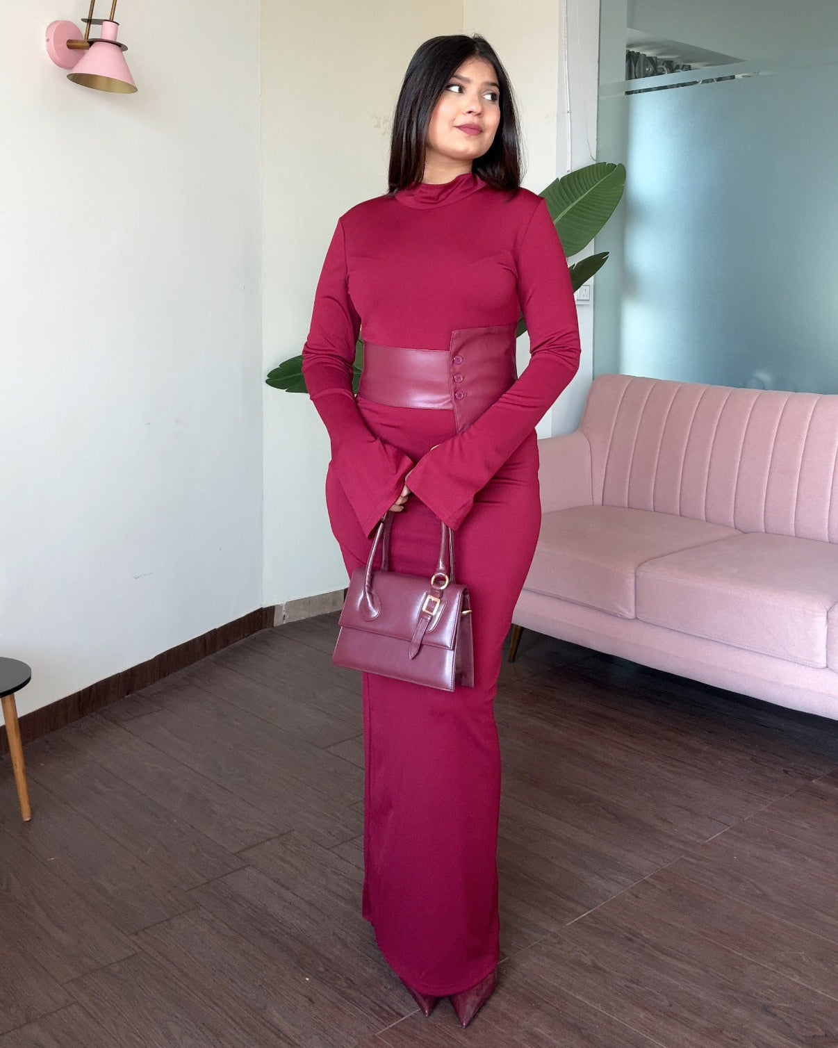 Leather Belted High Neck Fitted Midi Dress