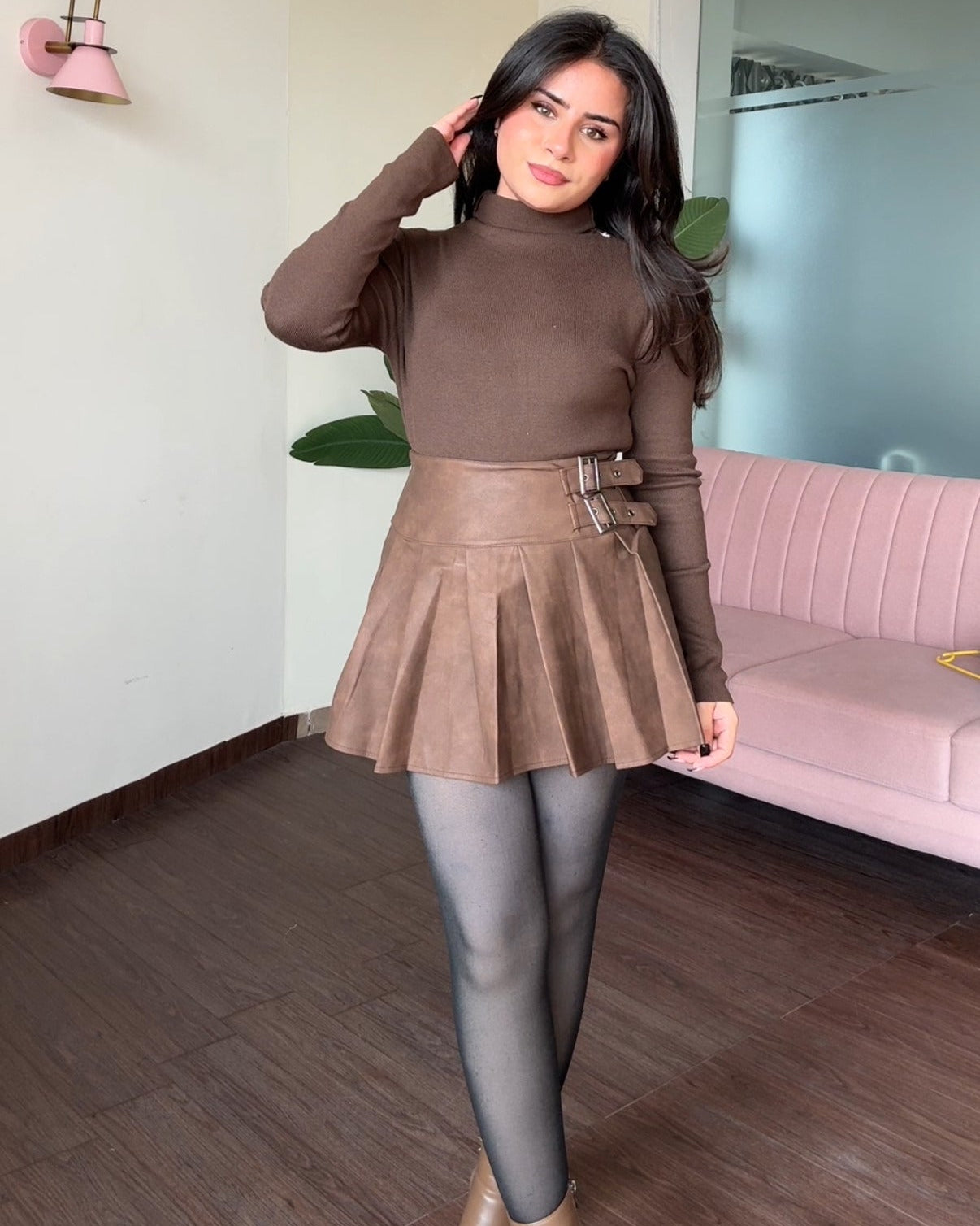 Leather Dual Belted Mini Pleated Skirt