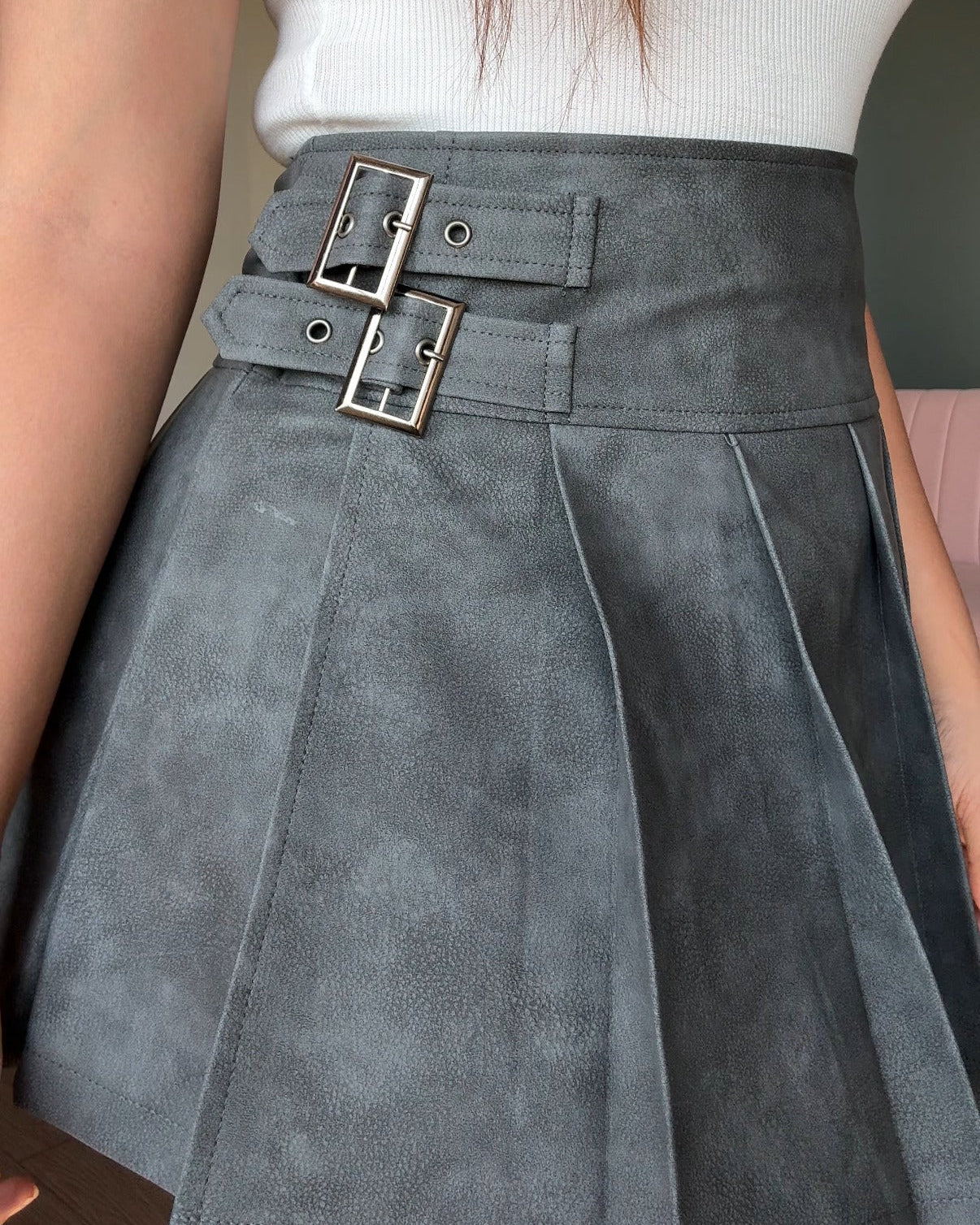 Leather Dual Belted Mini Pleated Skirt With Slit