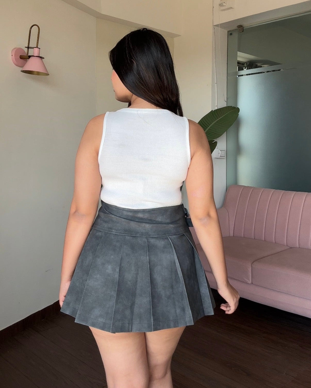 Leather Dual Belted Mini Pleated Skirt With Slit