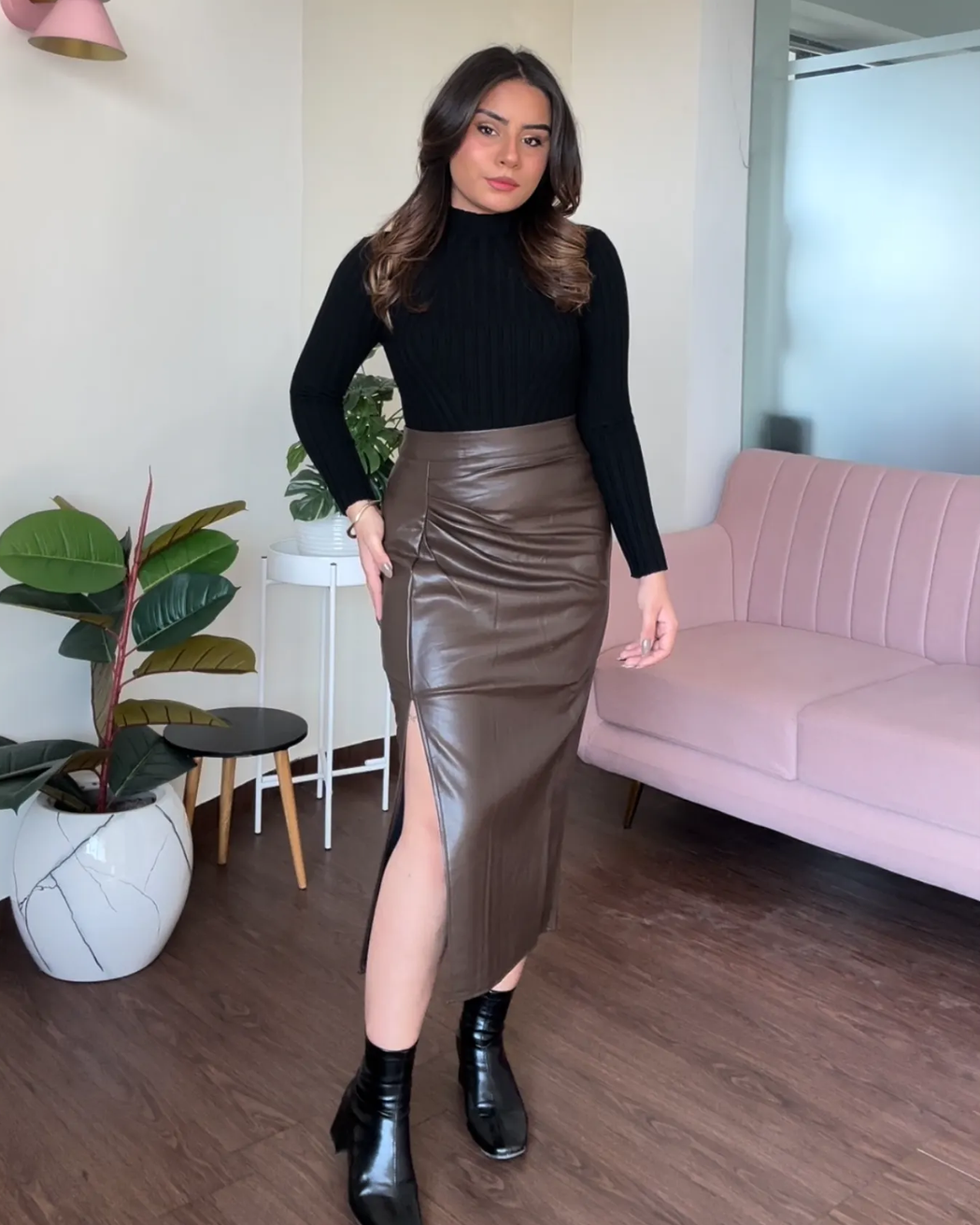 Leather Ruched Midi Skirt With Slit