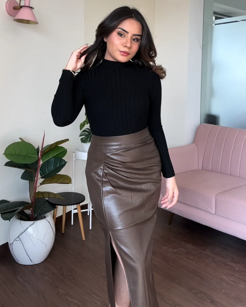 Leather Ruched Midi Skirt With Slit