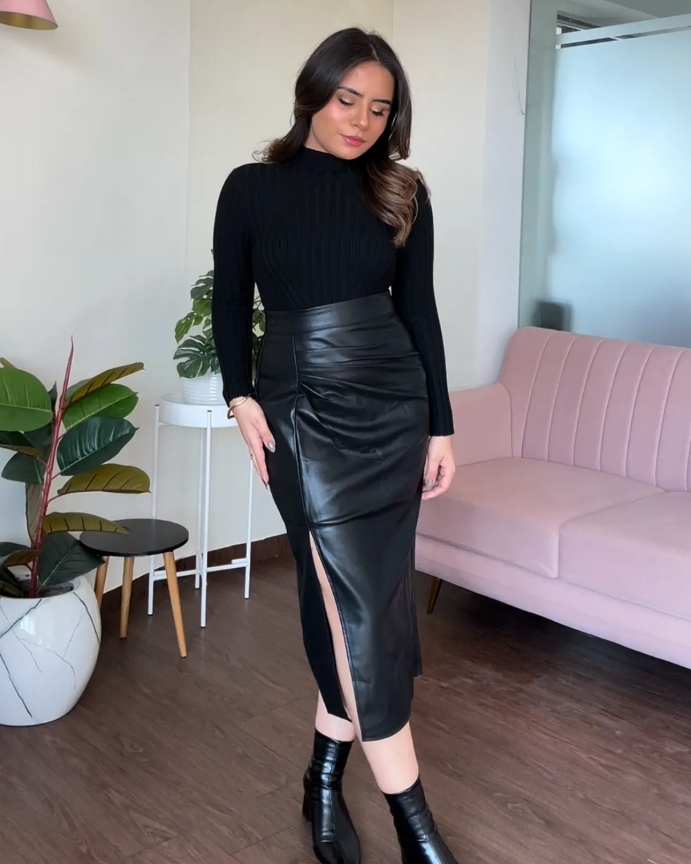 Leather Ruched Midi Skirt With Slit
