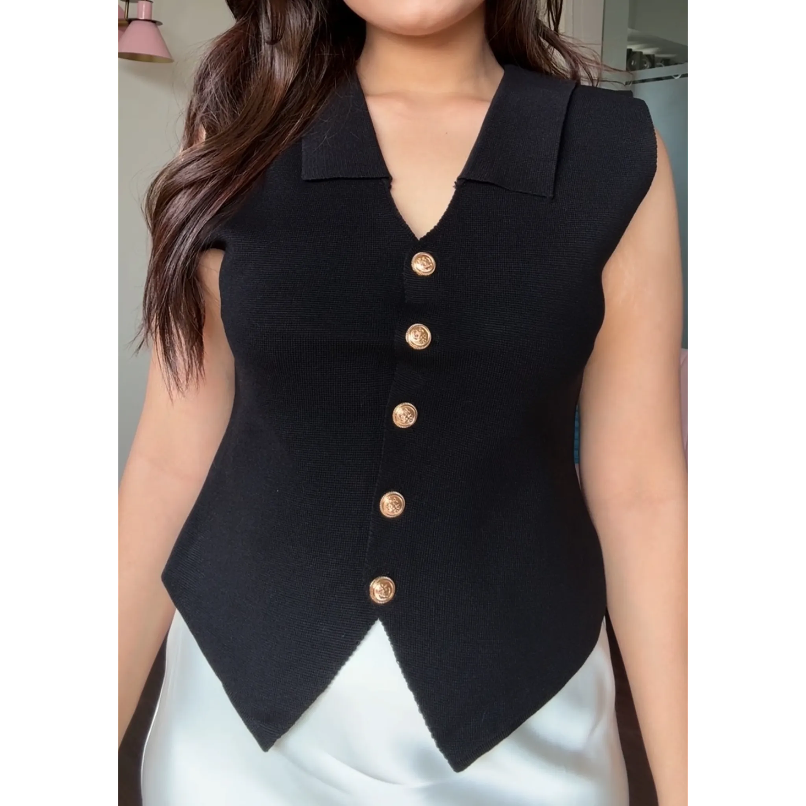 Long Golden Button Vest With Collar