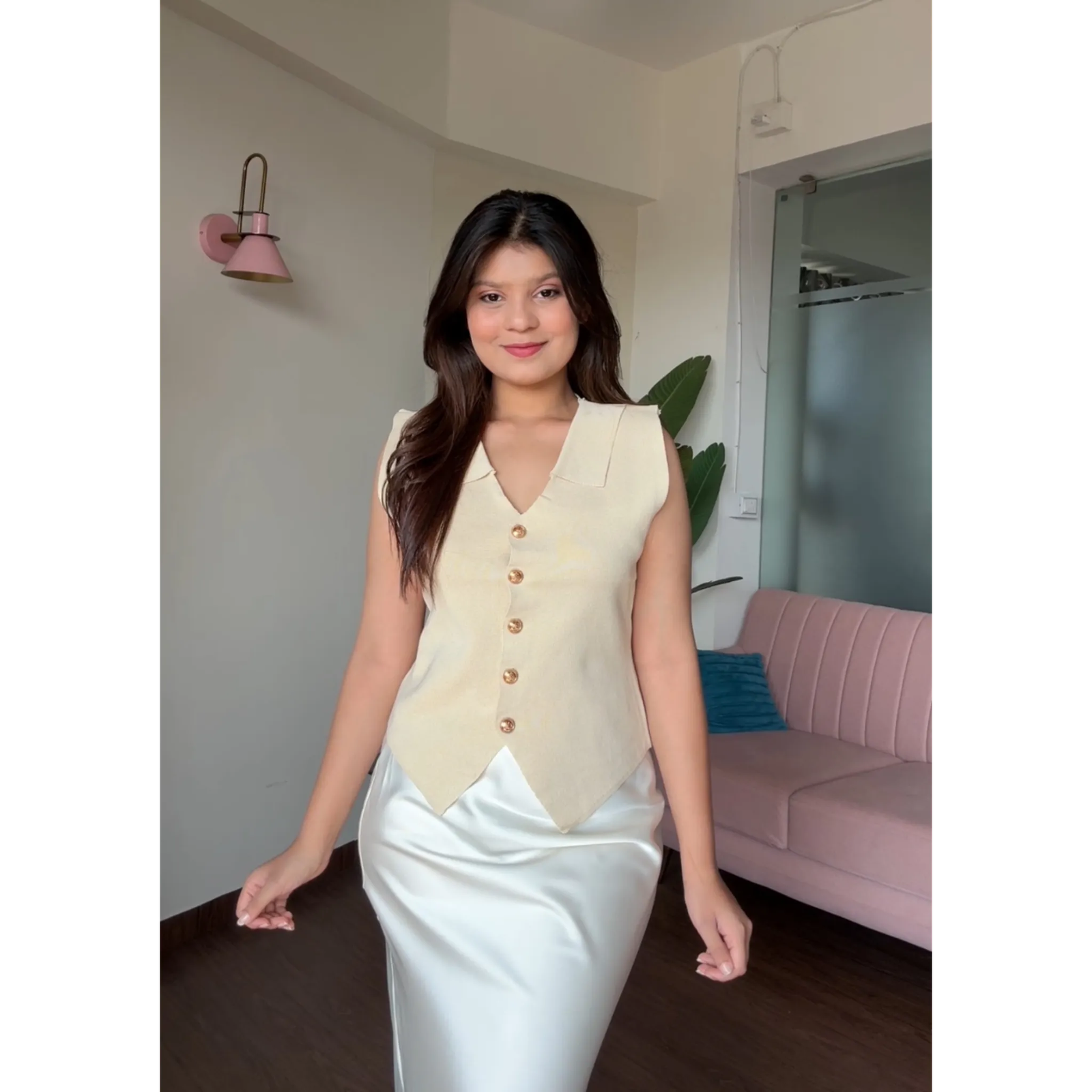 Long Golden Button Vest With Collar