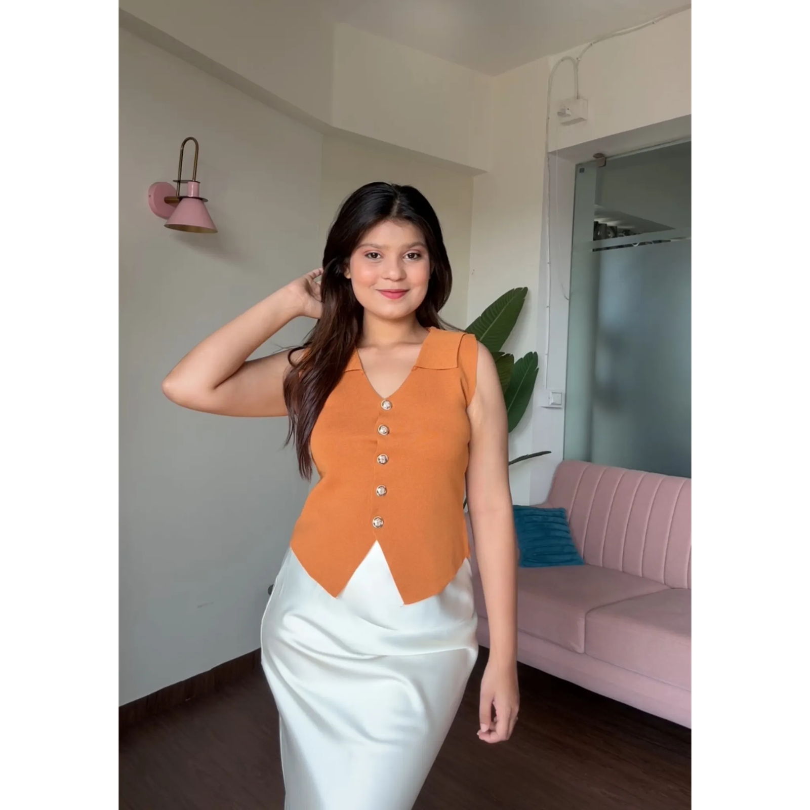 Long Golden Button Vest With Collar