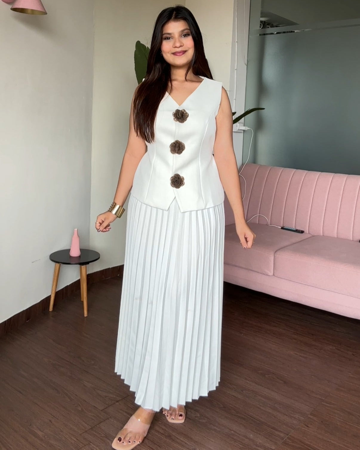 Long Vest Rosé With Pleated Skirt