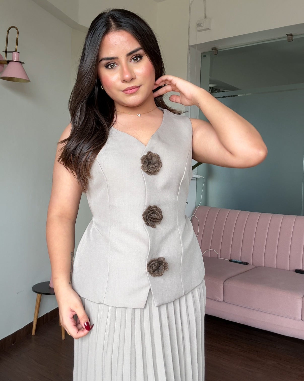 Long Vest Rosé With Pleated Skirt