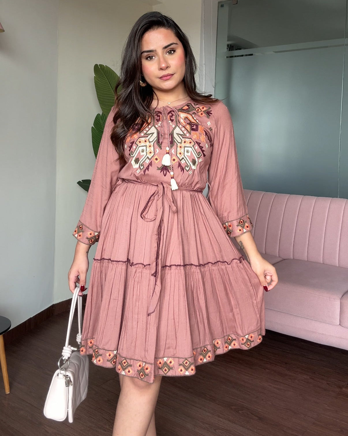 Mauve Embroidered Flared Midi Dress
