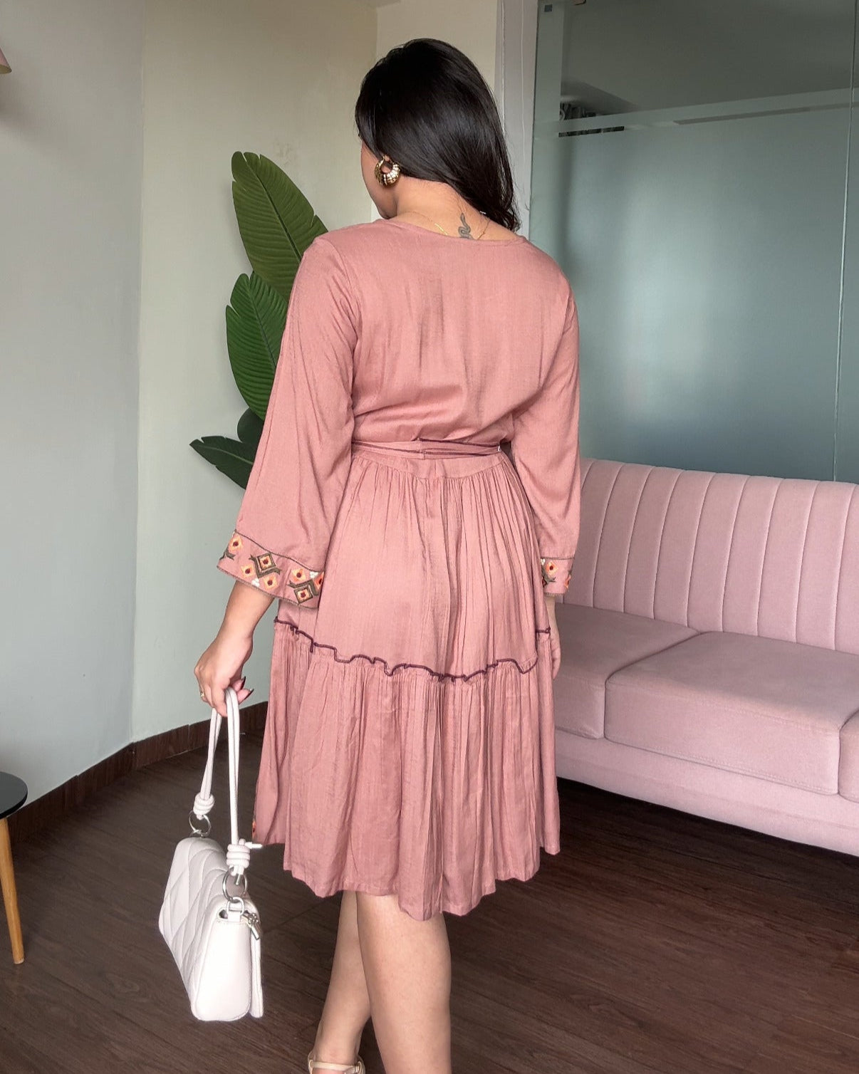 Mauve Embroidered Flared Midi Dress