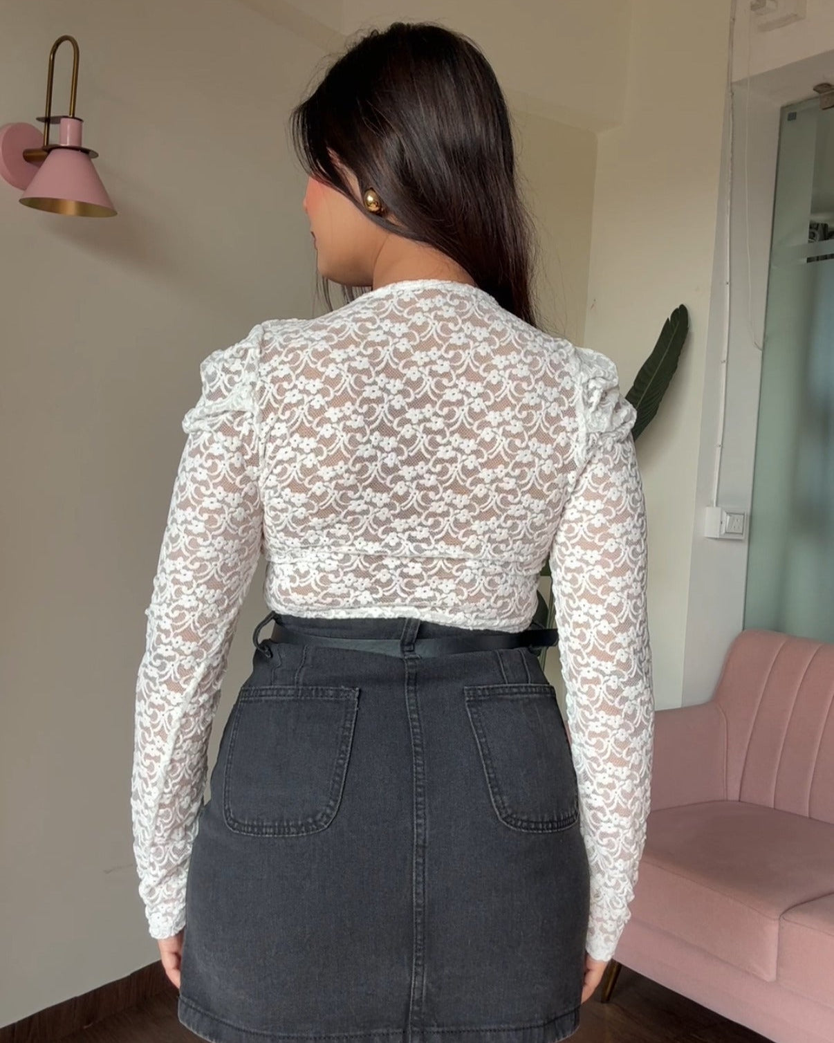 Mesh Velvet Padded V Neck Top