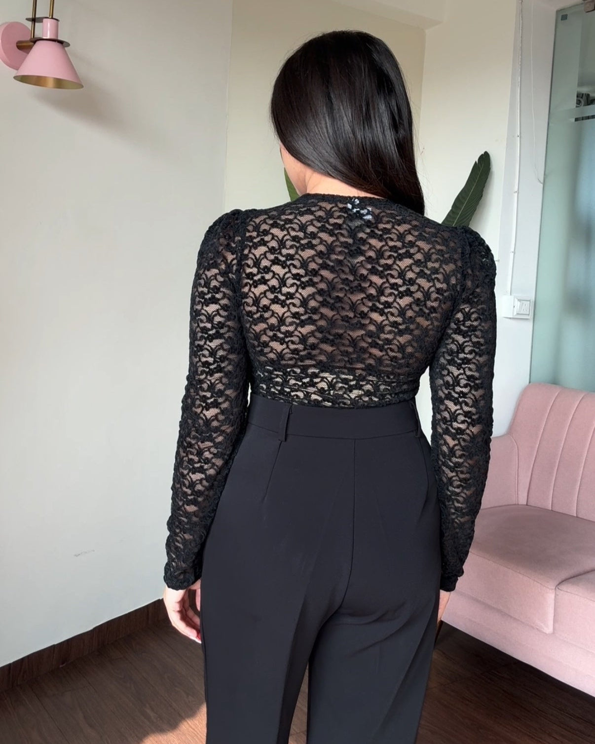 Mesh Velvet Padded V Neck Top