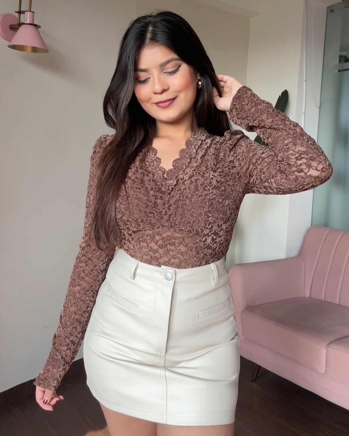 Mesh Velvet Padded V Neck Top