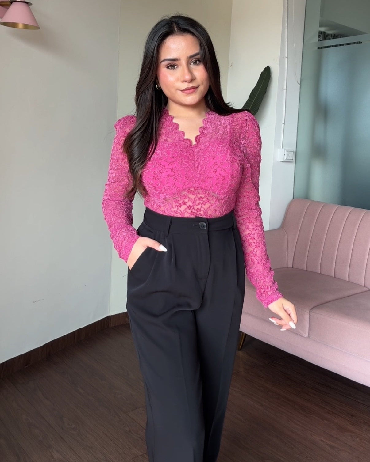 Mesh Velvet Padded V Neck Top