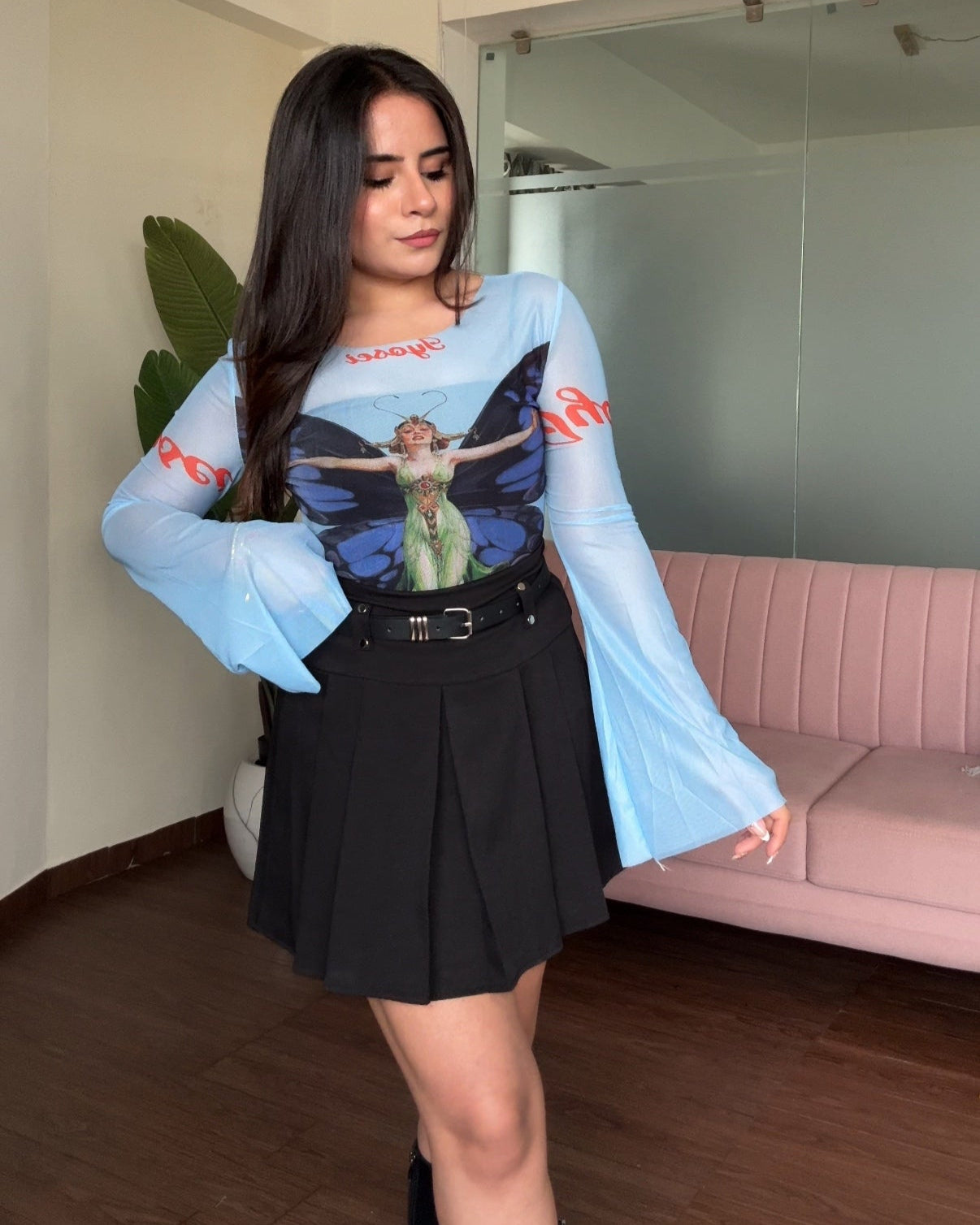 Mesh Bell Sleeve Sheer Butterfly Printed Top