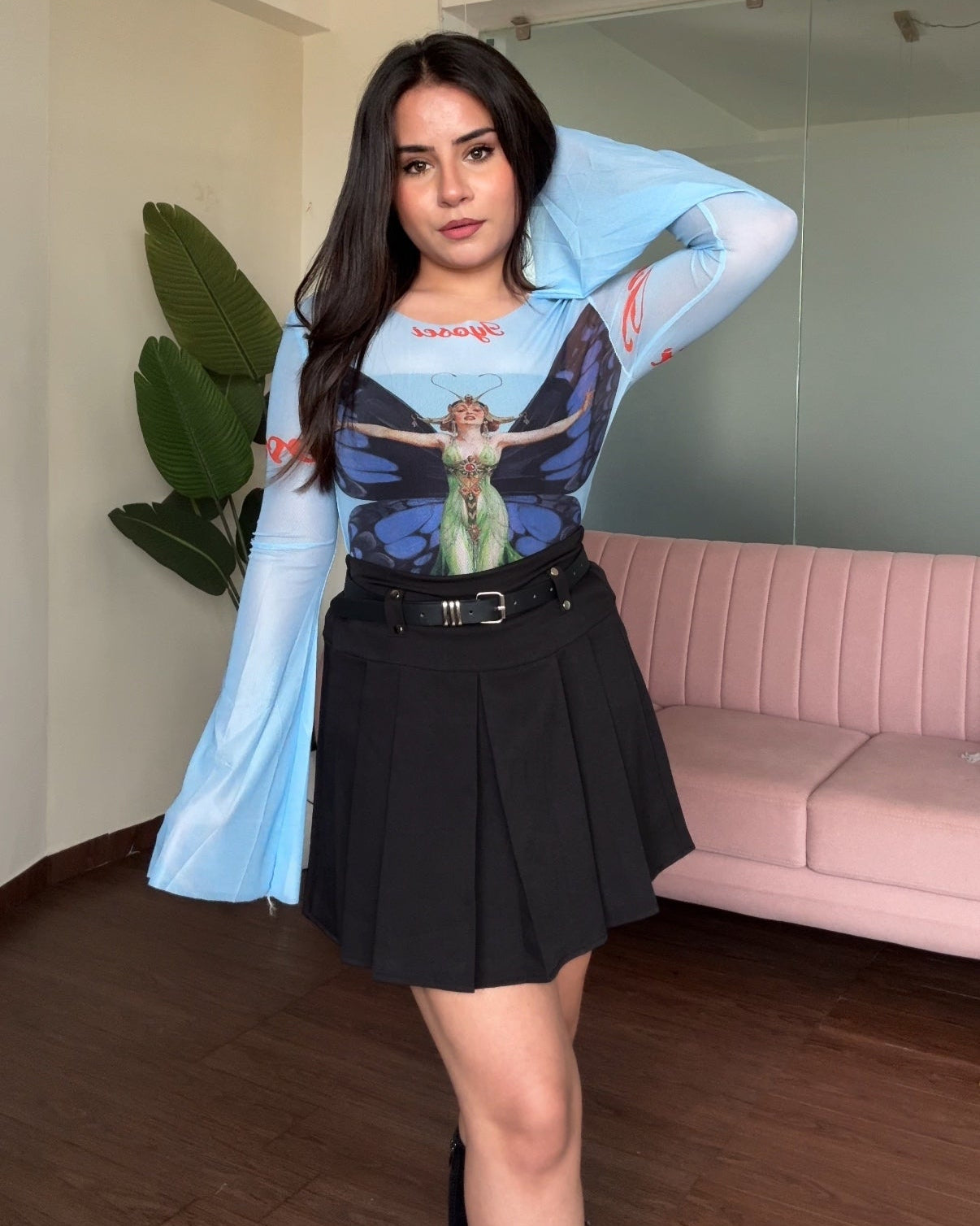 Mesh Bell Sleeve Sheer Butterfly Printed Top