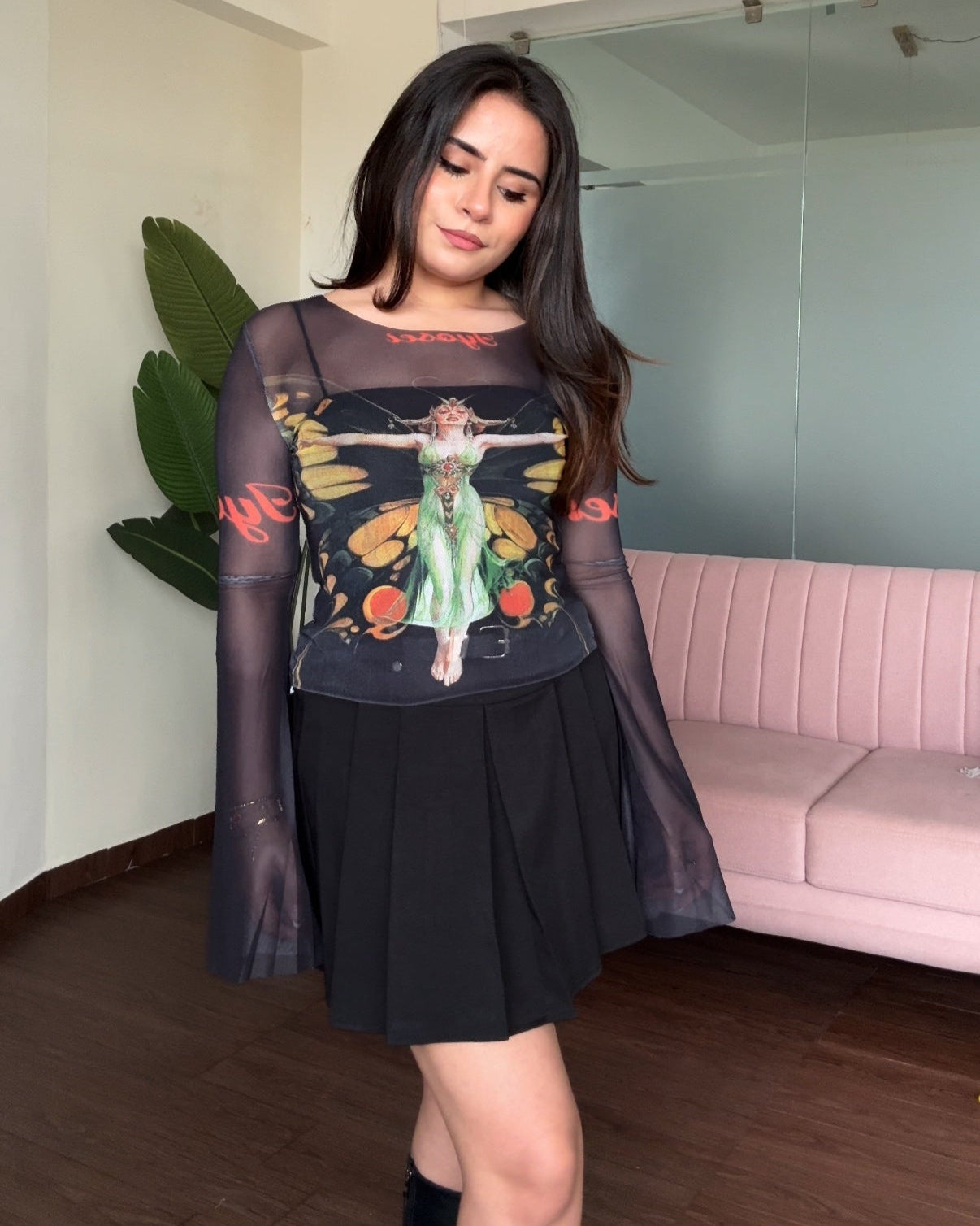 Mesh Bell Sleeve Sheer Butterfly Printed Top
