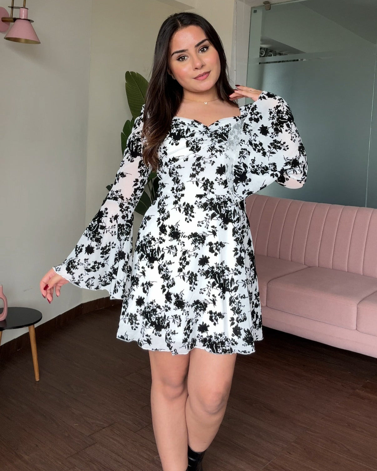 Mesh Bell Sleeves Heart Neck Mini Dress