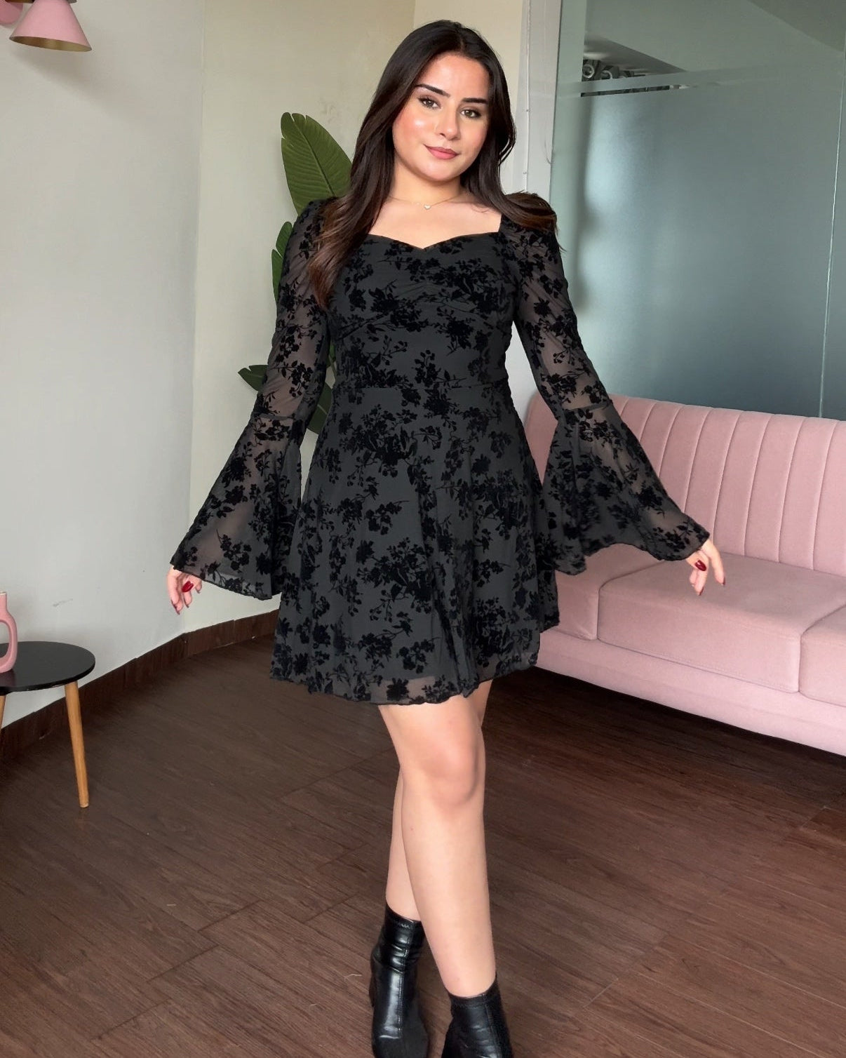 Mesh Bell Sleeves Heart Neck Mini Dress