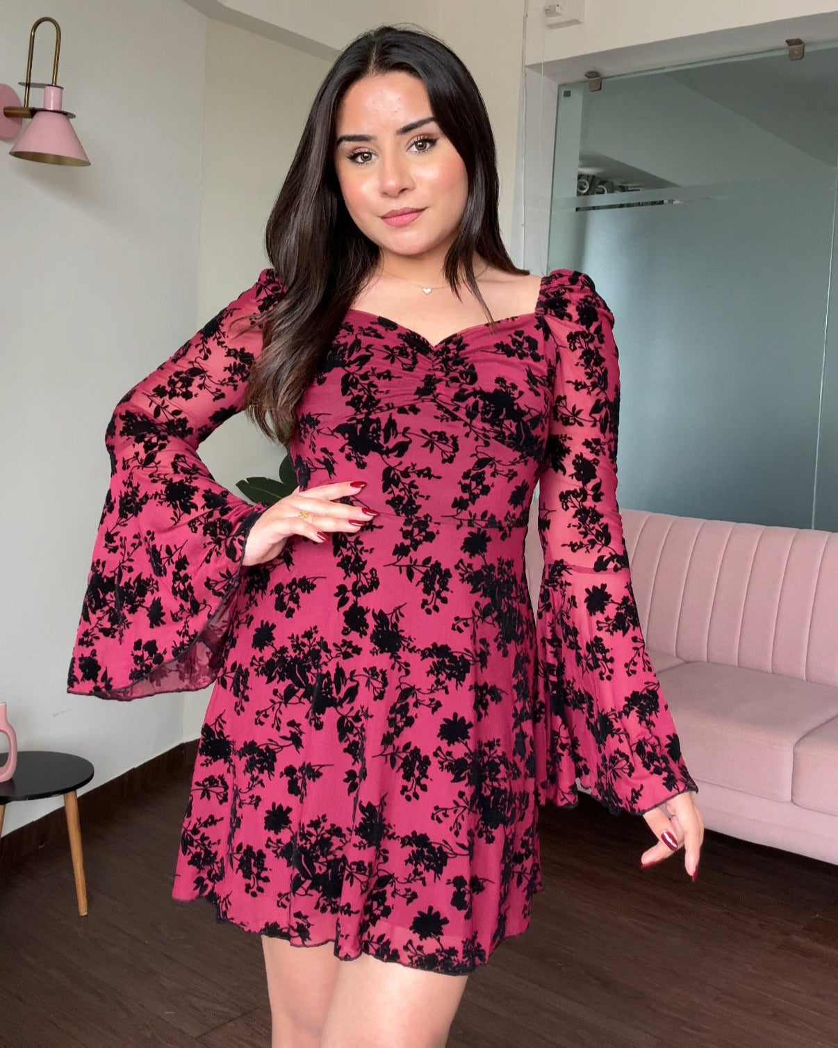 Mesh Bell Sleeves Heart Neck Mini Dress