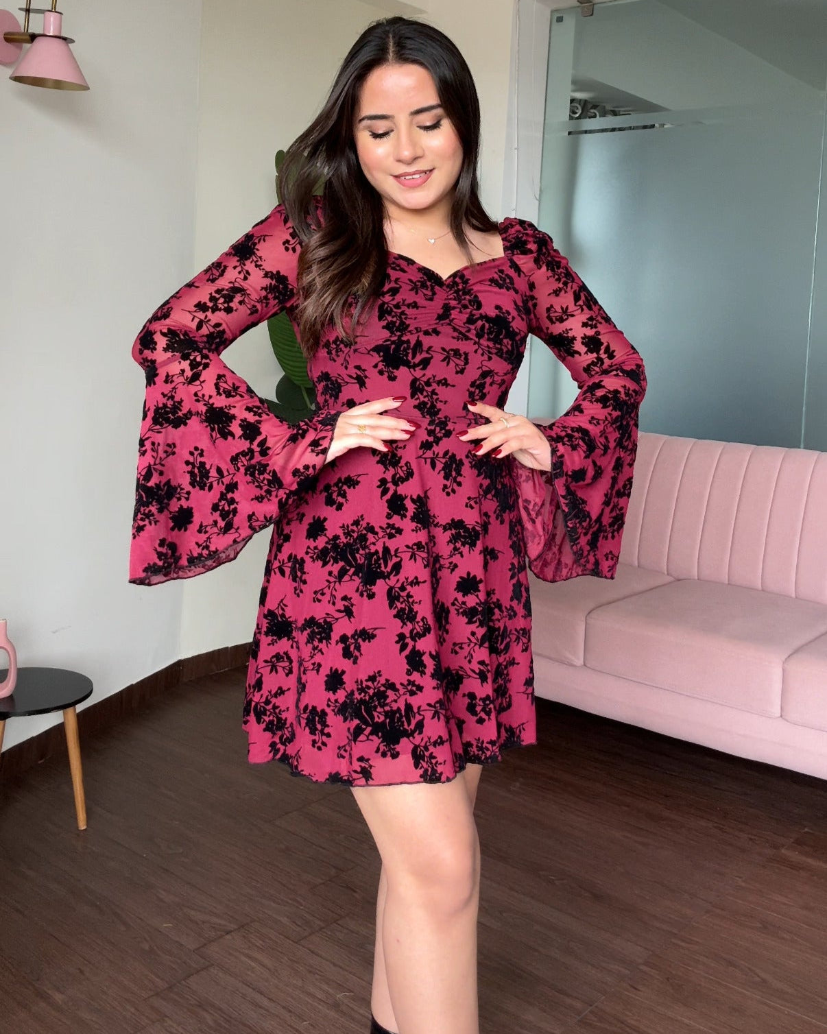 Mesh Bell Sleeves Heart Neck Mini Dress