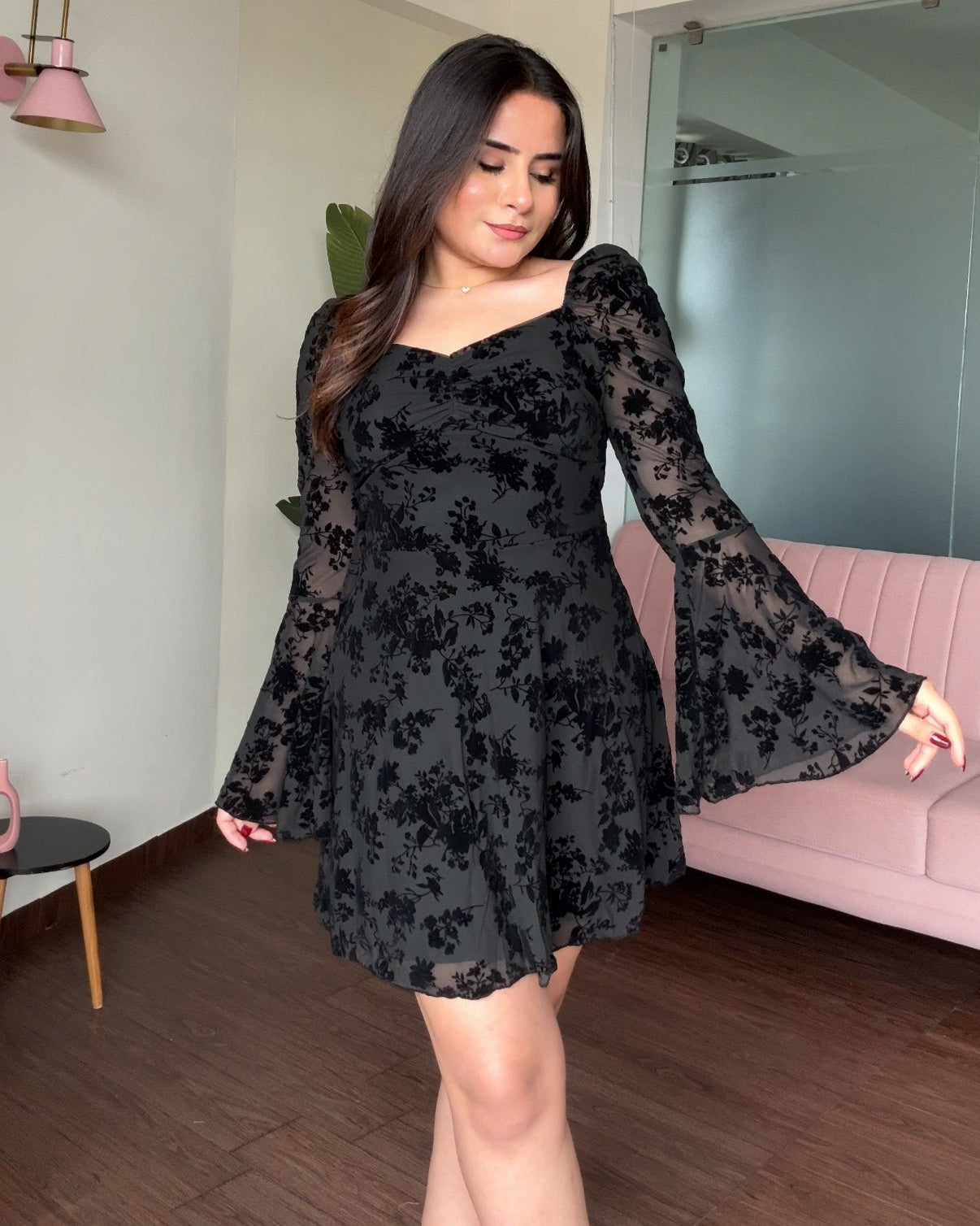 Mesh Bell Sleeves Heart Neck Mini Dress