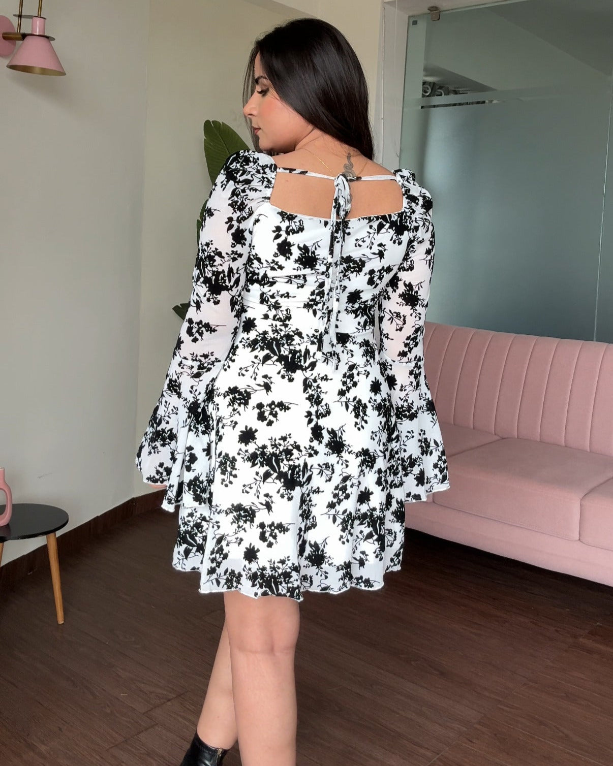 Mesh Bell Sleeves Heart Neck Mini Dress