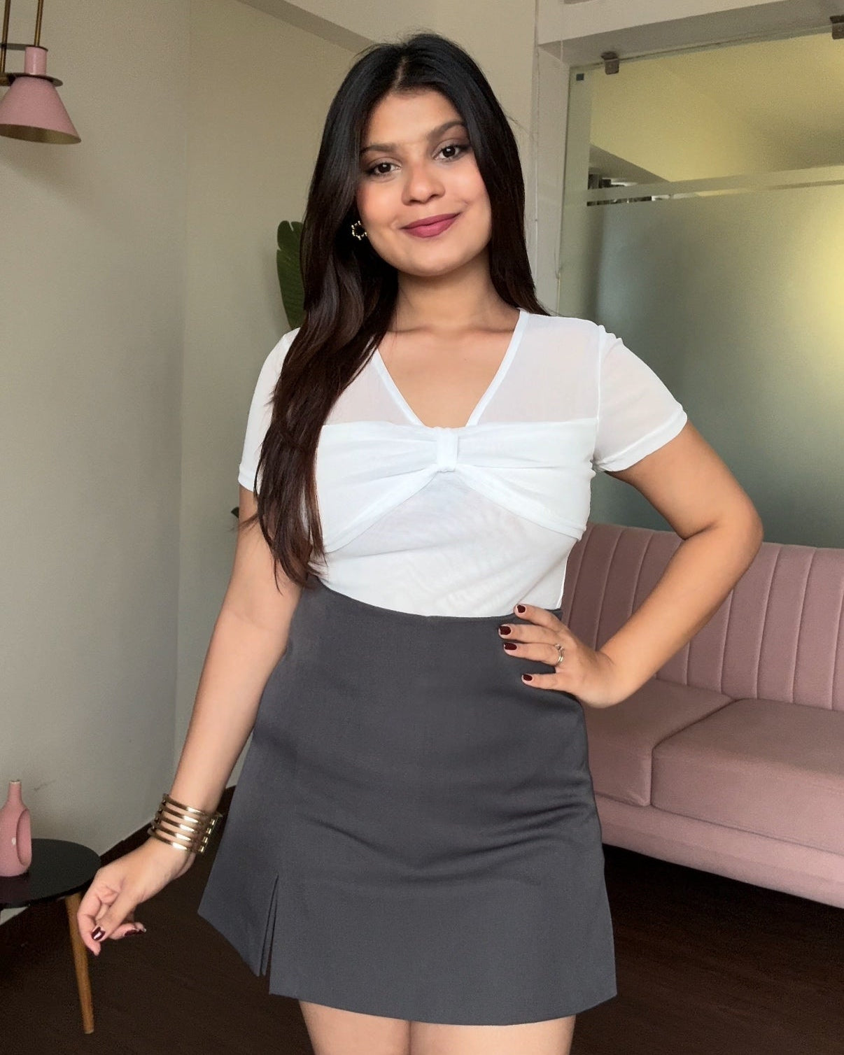 Mesh Bow Detailing Bodycon Top