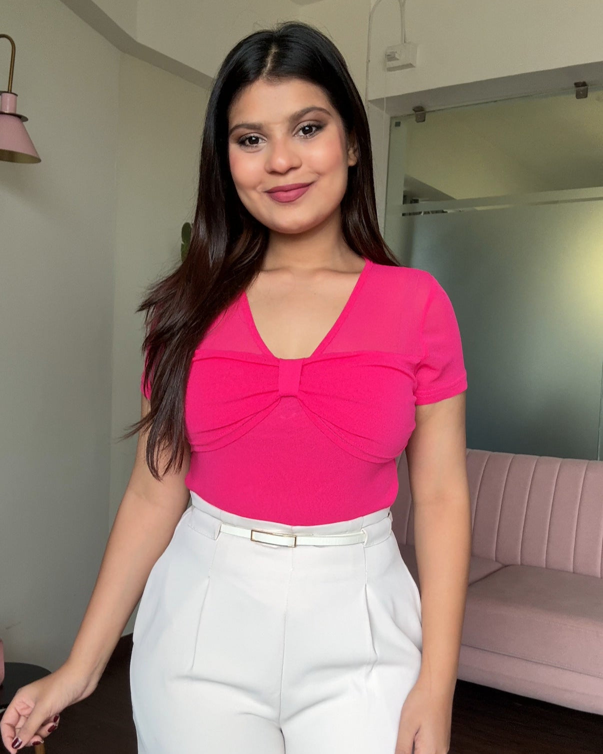 Mesh Bow Detailing Bodycon Top