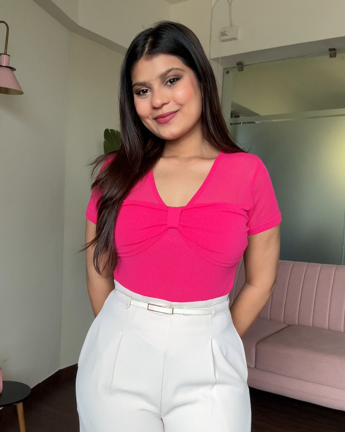 Mesh Bow Detailing Bodycon Top