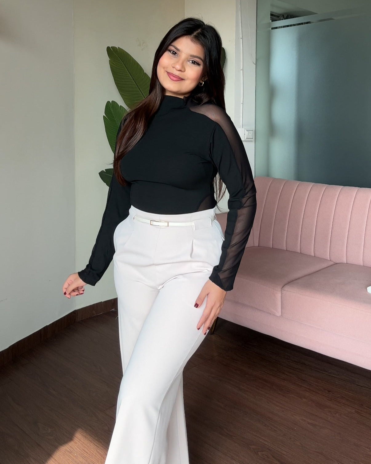 Mesh Cut Out Detailing High Neck Solid Top