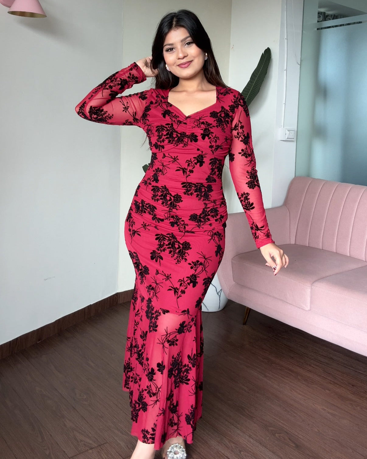 Mesh Fit And Flared Midi Dress